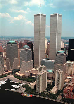 The twin towers of New York's World Trade Center rise over lower Manhattan in this 1999 photo. Photo by Ed Bailey, copyright 1999 AP/Wide World Photos.
