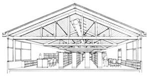 An architectural rendering of library space in the new Merrill Hall, courtesy Miller/Hull Partnership.
