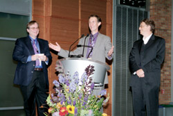 Microsoft co-founders Paul Allen (left) and Bill Gates (right) flank Computer Science and Engineering Professor Ed Lazowska during the celebration marking the opening of the new UW computer science and engineering building.