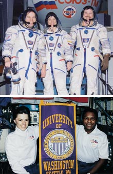 Top: Bonnie Dunbar twice went to Russia to train for space shuttle flights that docked with the Russian Space Station Mir. Photo courtesy Bonnie Dunbar. Bottom: Dunbar and the late Michael Anderson, '81, showed their Husky pride on the 1998 mission of the Endeavor. Photo courtesy NASA.