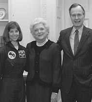 Bonnie Dunbar meets with Barbara Bush and President George H.W. Bush at the White House following Dunbar's flight aboard the Columbia in January 1990. Photo courtesy Bonnie Dunbar.