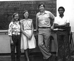 The late astronaut Michael Anderson (far right) poses in this 1980 photo from an upper level physics class. Other students from left are Michelle Brasseur Furman, '82; Cheri Moon, '81, and Charles Robertson, '61, '63, '82. Photo by Mark McDermott.