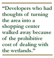 Developers who had thoughts of turning the area into a
shopping center walked away because of the prohibitive cost of dealing with the wetlands.