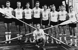 Coxswain Bob Moch, '36, crouching at the center, was the leader of the Husky men's varsity eight that won the gold medal at the 1936 Berlin Olympics. Moch died Jan. 18. File photo.