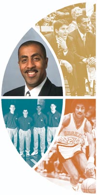 Clockwise from top: Romar (sitting with Steve Lavin) made UCLA into a winner. Romar was the Huskie's point guard from 1978-80. Romar and his fellow coaches at UCLA. Romar was a beloved figure at St. Louis University. Photos (clockwise from top): Courtesy UCLA; Courtesy Husky Media Relations; Courtesy UCLA; Courtesy St. Louis University.